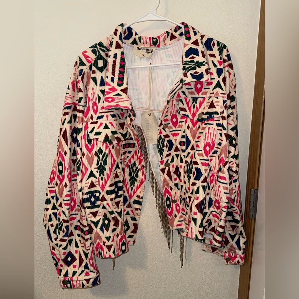 NWT Savanna Jane Cropped Geometric Pattern Jacket with Fringe
